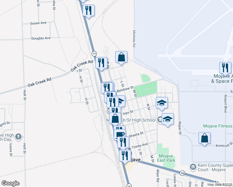 map of restaurants, bars, coffee shops, grocery stores, and more near 2240 Belshaw Street in Mojave