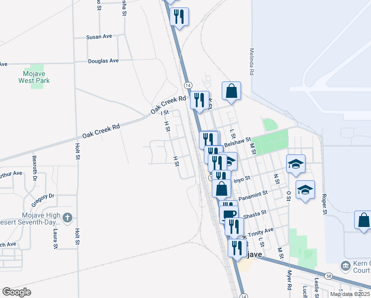 map of restaurants, bars, coffee shops, grocery stores, and more near 16125 I Street in Mojave