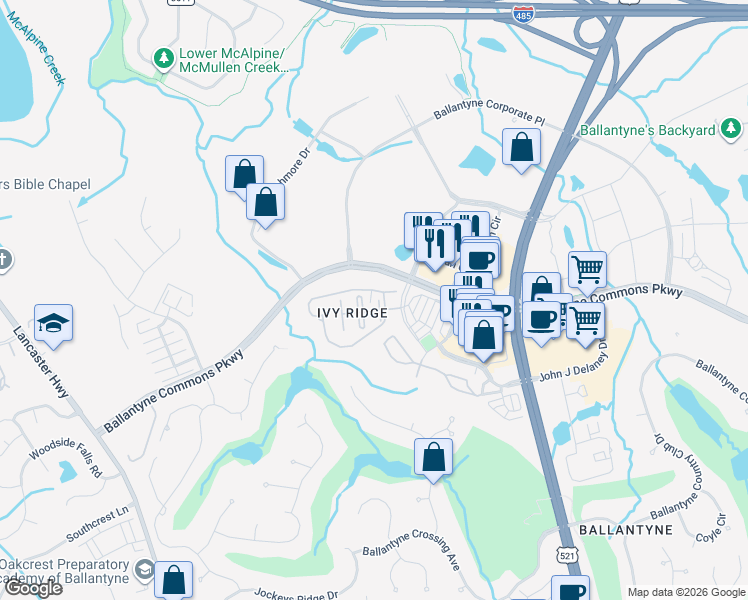 map of restaurants, bars, coffee shops, grocery stores, and more near 14510 Caragana Court in Charlotte