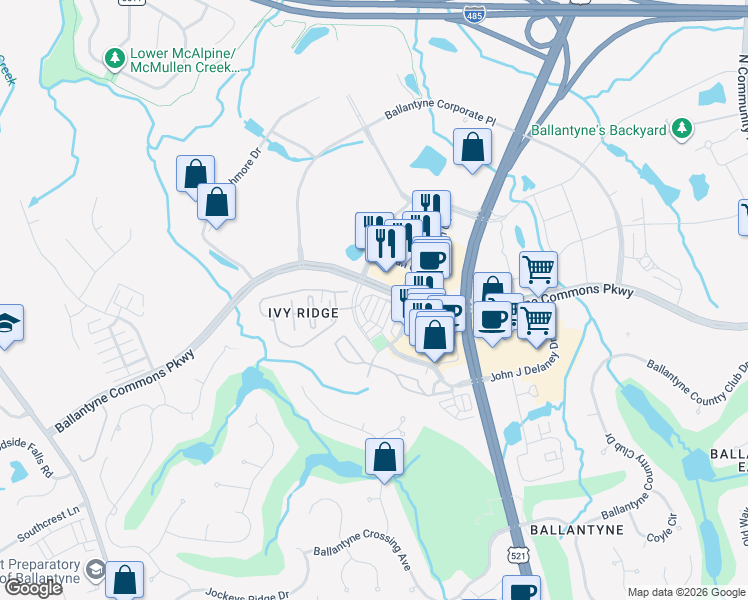 map of restaurants, bars, coffee shops, grocery stores, and more near 10529 Morablin Drive in Charlotte