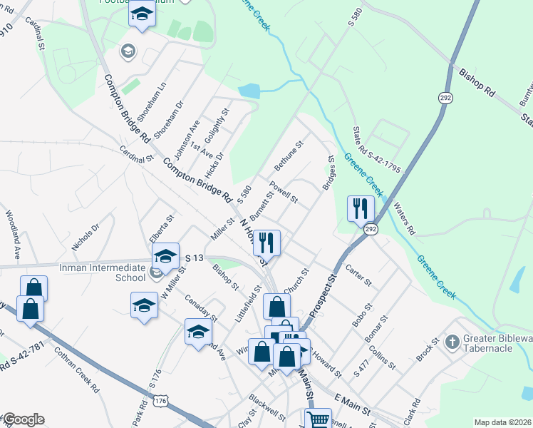 map of restaurants, bars, coffee shops, grocery stores, and more near 10 Littlejohn Street in Inman