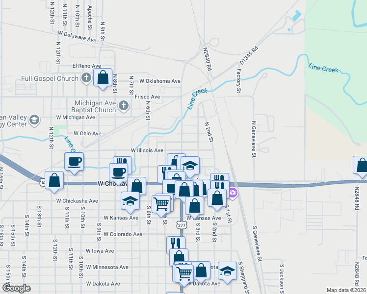 map of restaurants, bars, coffee shops, grocery stores, and more near 400 N 4th St in Chickasha