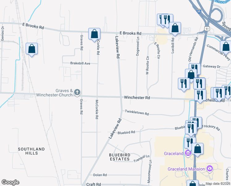 map of restaurants, bars, coffee shops, grocery stores, and more near 3439 Lakeview Road in Memphis