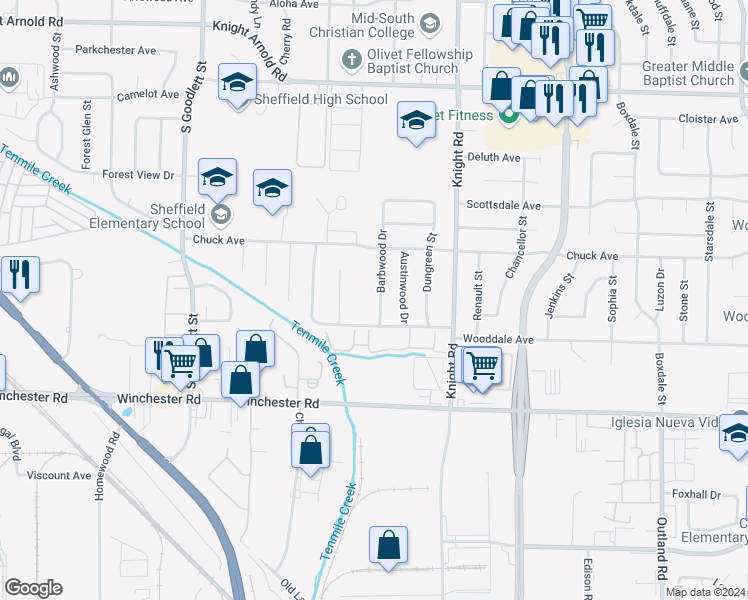 map of restaurants, bars, coffee shops, grocery stores, and more near 3431 Barbwood Drive in Memphis