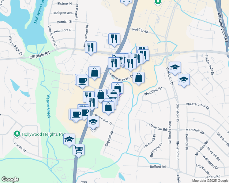map of restaurants, bars, coffee shops, grocery stores, and more near 5866 Century Oaks Drive in Fayetteville