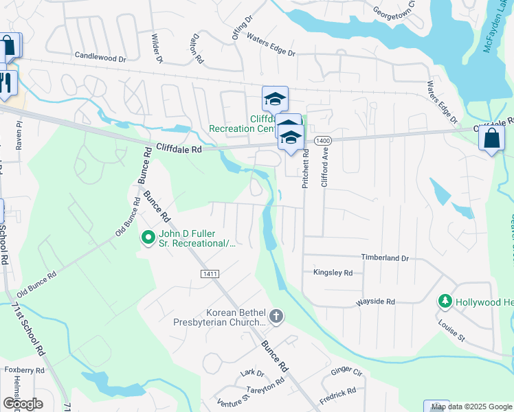 map of restaurants, bars, coffee shops, grocery stores, and more near 6475-6499 Cross Pointe Drive in Fayetteville