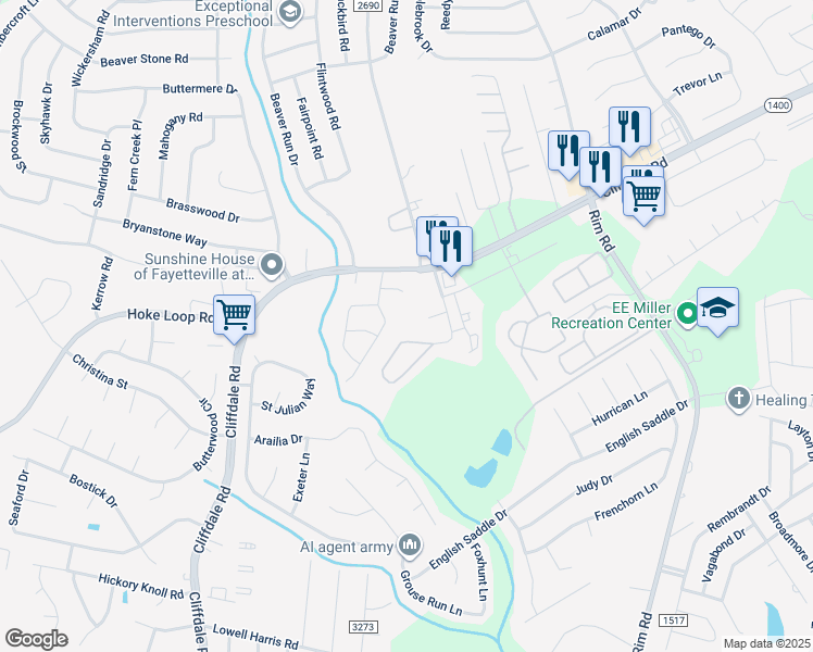 map of restaurants, bars, coffee shops, grocery stores, and more near 7600-7698 Branchwood Circle in Fayetteville