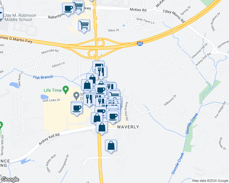 map of restaurants, bars, coffee shops, grocery stores, and more near 6416 Providence Farm Lane in Charlotte