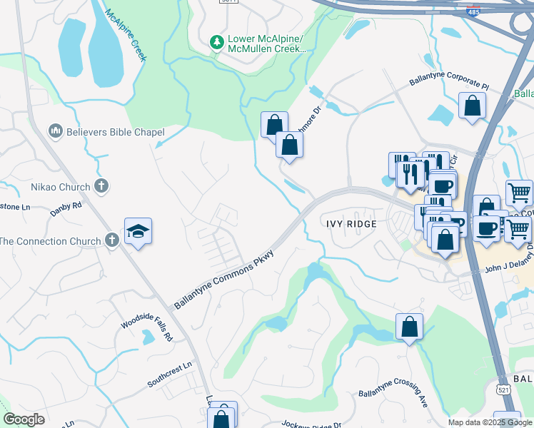 map of restaurants, bars, coffee shops, grocery stores, and more near 11010 Tara Glenn Court in Charlotte
