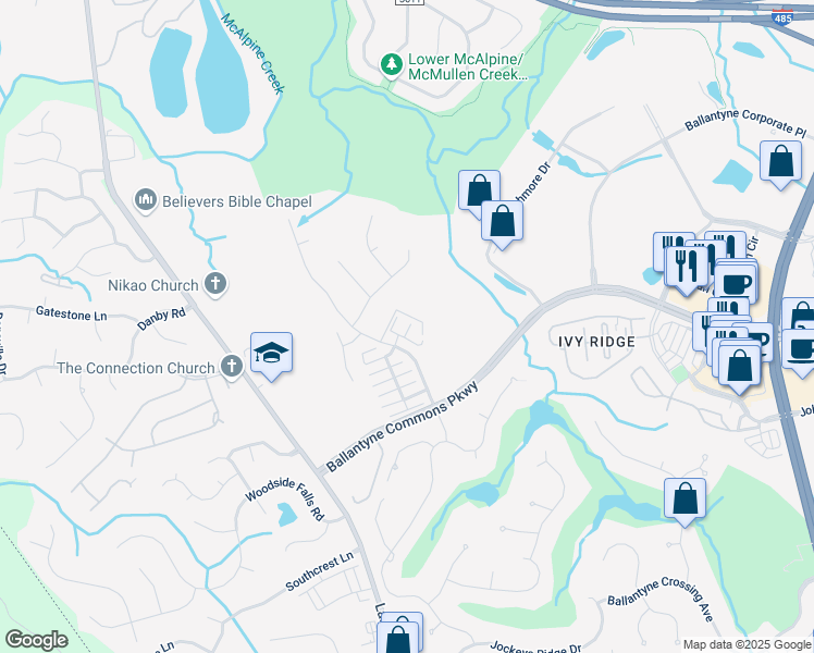 map of restaurants, bars, coffee shops, grocery stores, and more near 11023 Kingston Place Drive in Charlotte
