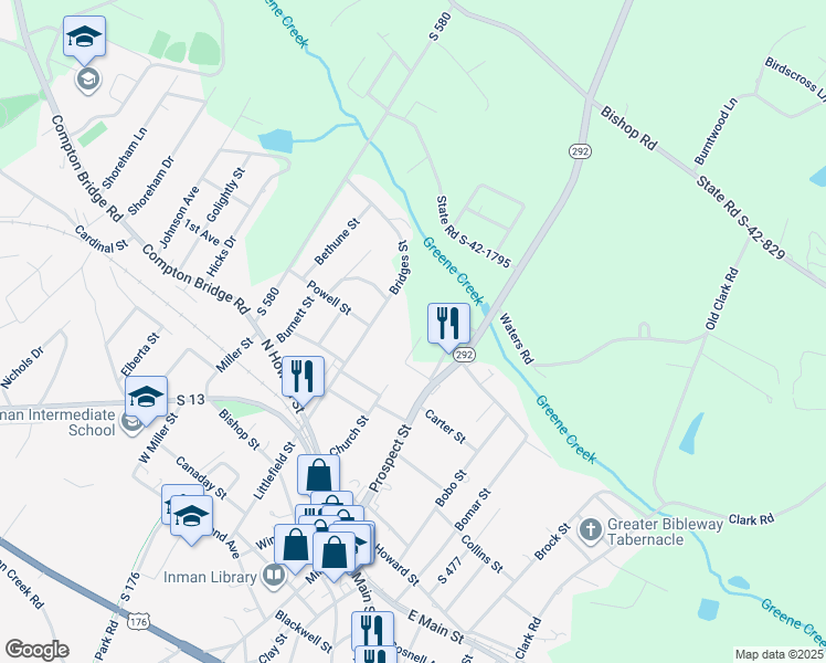 map of restaurants, bars, coffee shops, grocery stores, and more near 190 Weaver Line in Inman