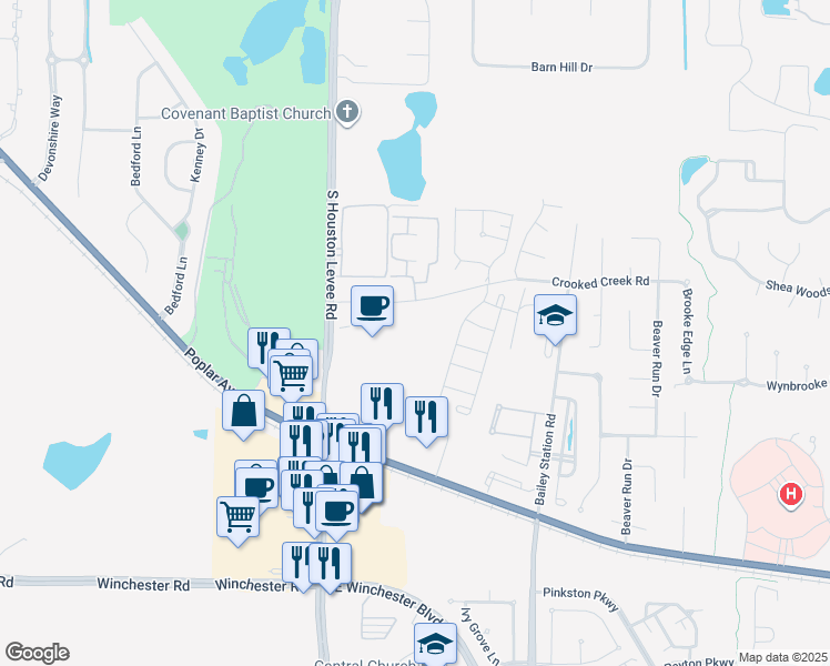 map of restaurants, bars, coffee shops, grocery stores, and more near 2010 West Poplar Avenue in Collierville
