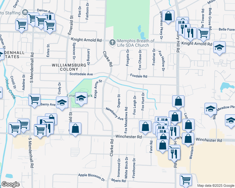 map of restaurants, bars, coffee shops, grocery stores, and more near 3428 Dupre Street in Memphis