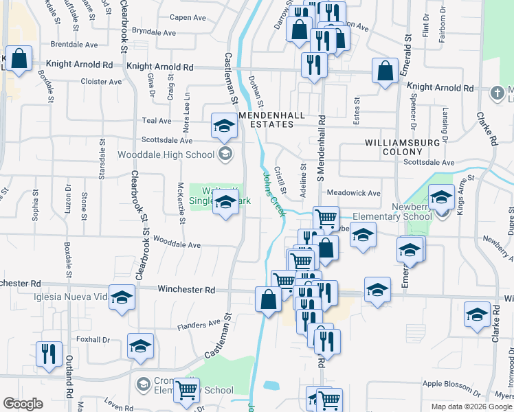 map of restaurants, bars, coffee shops, grocery stores, and more near 3426 Castleman Street in Memphis