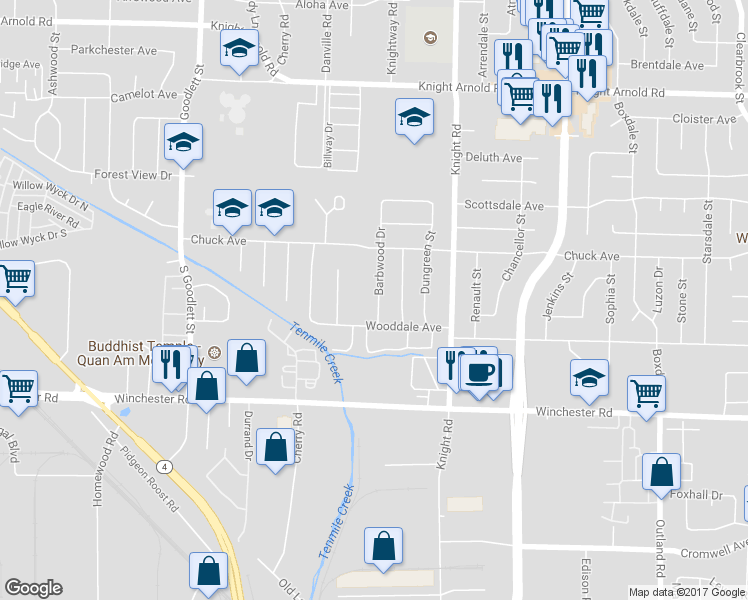 map of restaurants, bars, coffee shops, grocery stores, and more near 3431 Barbwood Drive in Memphis