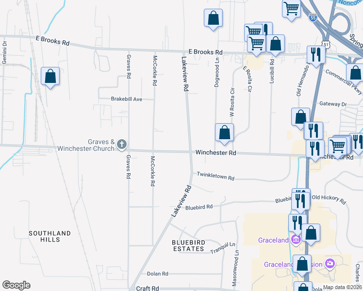 map of restaurants, bars, coffee shops, grocery stores, and more near 3439 Lakeview Road in Memphis