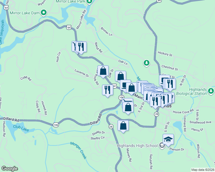 map of restaurants, bars, coffee shops, grocery stores, and more near 214 Franklin Road in Highlands