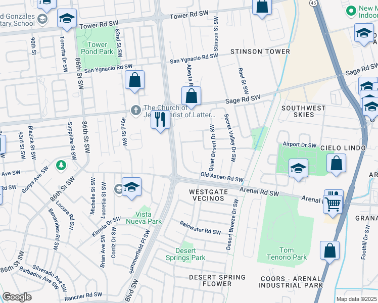 map of restaurants, bars, coffee shops, grocery stores, and more near 1509 Fox Hill Place Southwest in Albuquerque