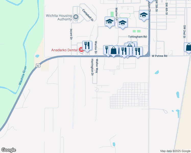 map of restaurants, bars, coffee shops, grocery stores, and more near 208 Walter Way in Anadarko