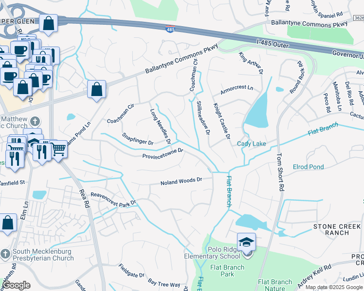 map of restaurants, bars, coffee shops, grocery stores, and more near 12115 Provincetowne Drive in Charlotte