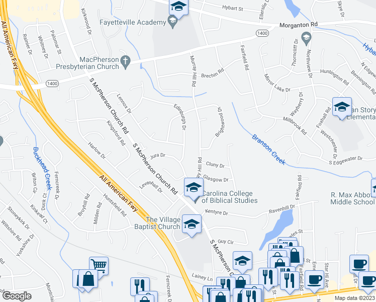map of restaurants, bars, coffee shops, grocery stores, and more near 505 Edinburgh Drive in Fayetteville