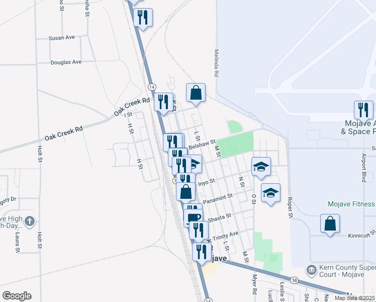 map of restaurants, bars, coffee shops, grocery stores, and more near 2240 Belshaw Street in Mojave