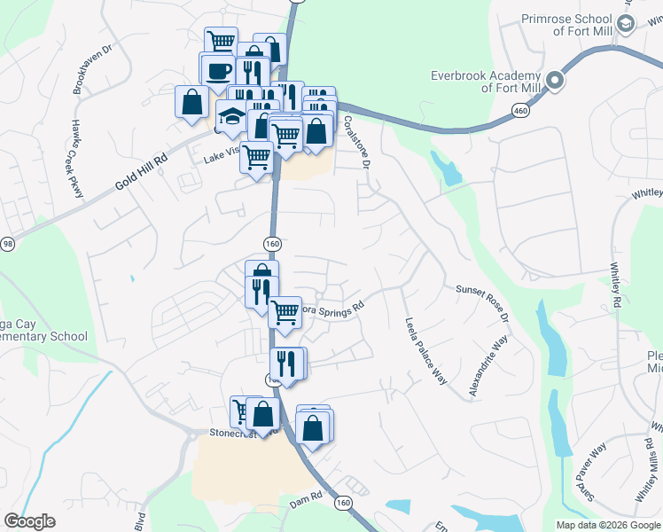 map of restaurants, bars, coffee shops, grocery stores, and more near 806 Gentlewinds Court in Fort Mill