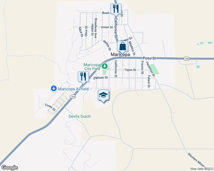 map of restaurants, bars, coffee shops, grocery stores, and more near 913 1/2 Stanislaus Street in Maricopa