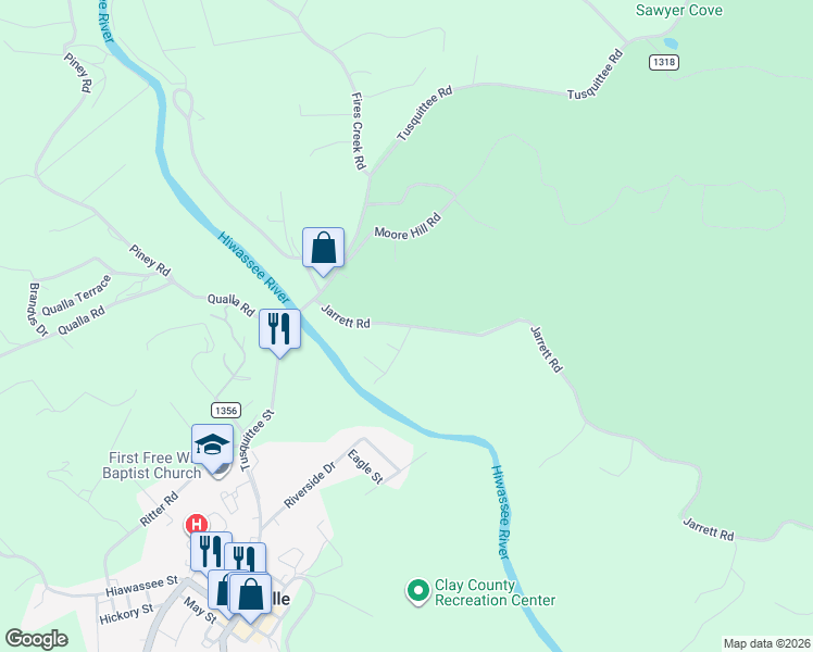 map of restaurants, bars, coffee shops, grocery stores, and more near 179 Jarrett Road in Hayesville