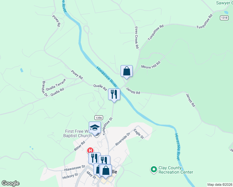 map of restaurants, bars, coffee shops, grocery stores, and more near 1 Qualla Road in Hayesville