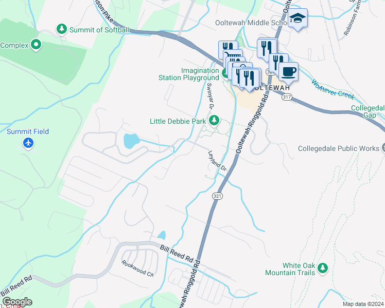 map of restaurants, bars, coffee shops, grocery stores, and more near 4586 Forsythia Way in Collegedale