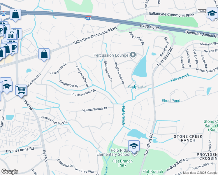 map of restaurants, bars, coffee shops, grocery stores, and more near 6807 Stillmeadow Drive in Charlotte