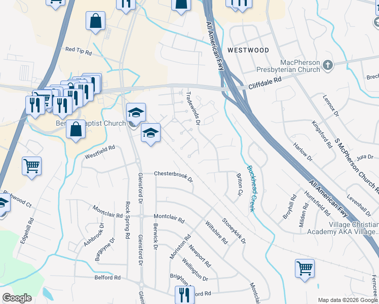 map of restaurants, bars, coffee shops, grocery stores, and more near 4601 Ile Court in Fayetteville