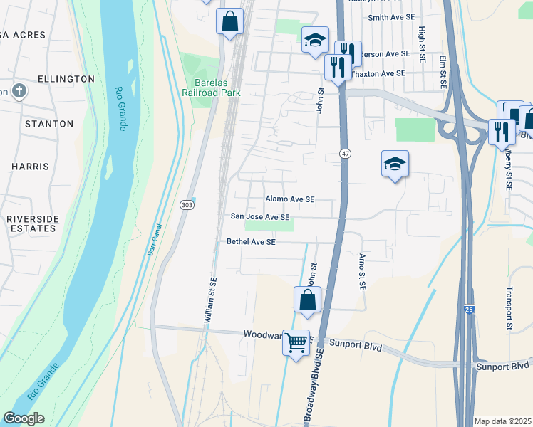 map of restaurants, bars, coffee shops, grocery stores, and more near 301 San Jose Avenue Southeast in Albuquerque