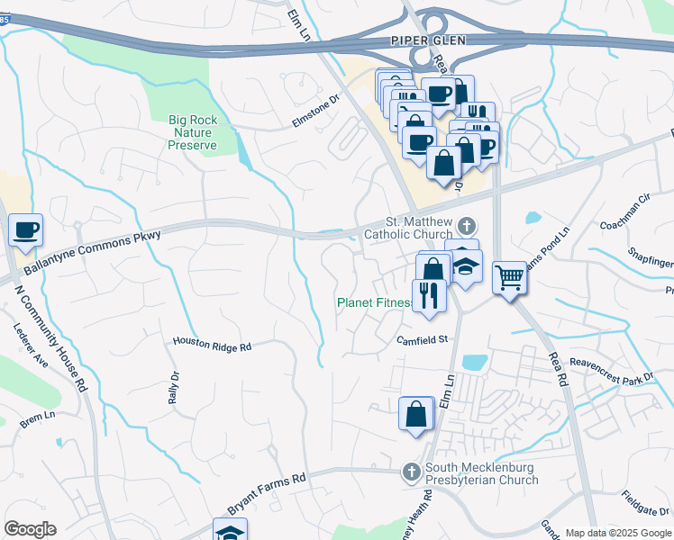 map of restaurants, bars, coffee shops, grocery stores, and more near 11128 Foxhaven Drive in Charlotte