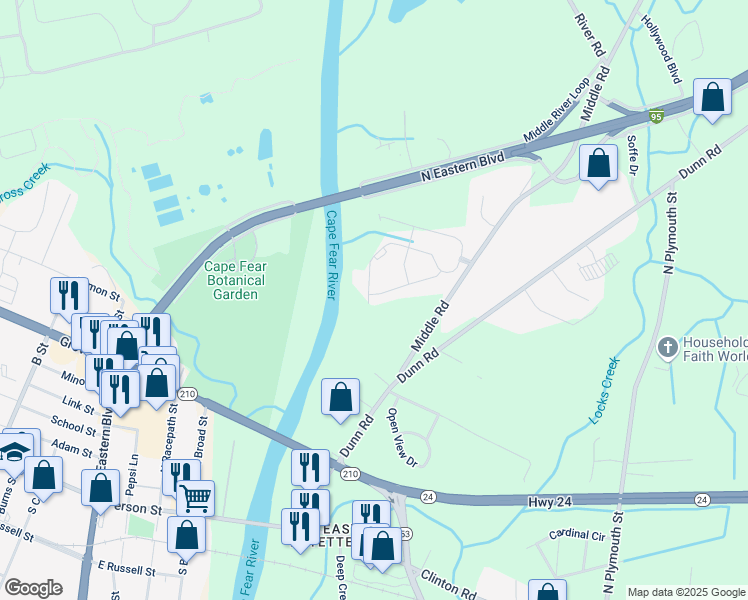 map of restaurants, bars, coffee shops, grocery stores, and more near 1604 Cape Point Drive in Fayetteville