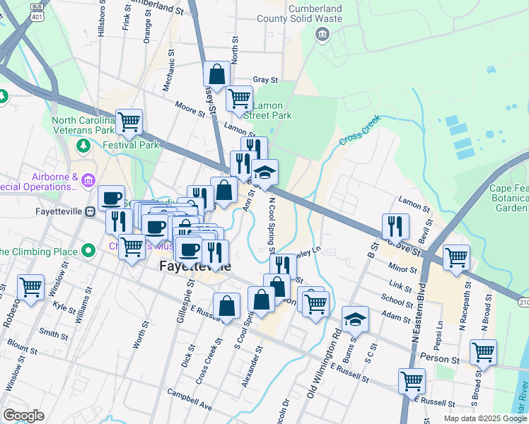 map of restaurants, bars, coffee shops, grocery stores, and more near 341 North Cool Spring Street in Fayetteville