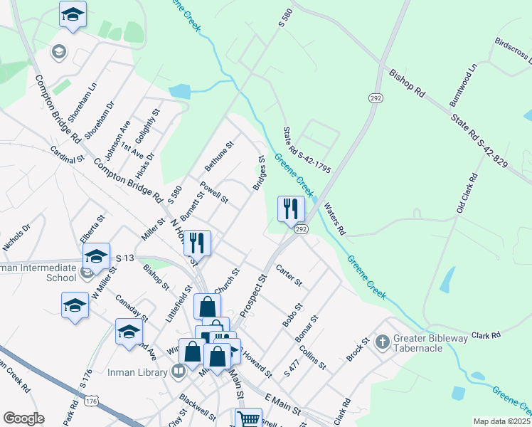 map of restaurants, bars, coffee shops, grocery stores, and more near 190 Weaver Line in Inman