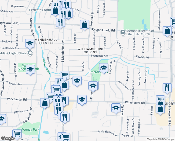 map of restaurants, bars, coffee shops, grocery stores, and more near 3429 Emerald Street in Memphis