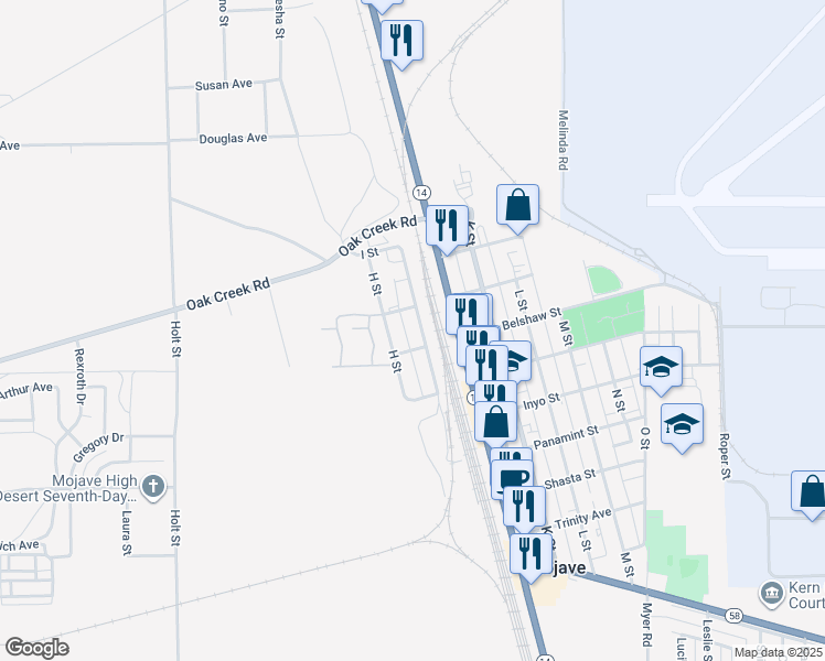 map of restaurants, bars, coffee shops, grocery stores, and more near 16133 I Street in Mojave
