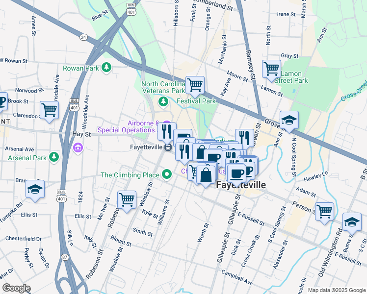 map of restaurants, bars, coffee shops, grocery stores, and more near 460 Hay Street in Fayetteville