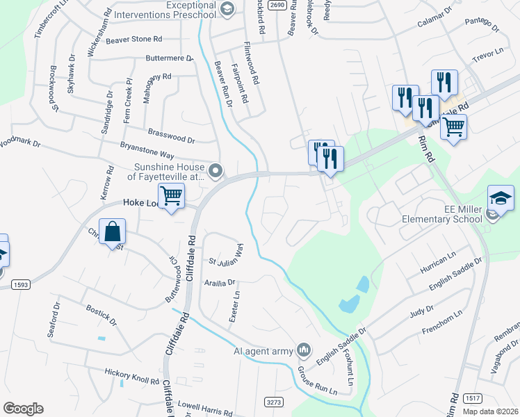 map of restaurants, bars, coffee shops, grocery stores, and more near 7336 Van Grayson Loop in Fayetteville
