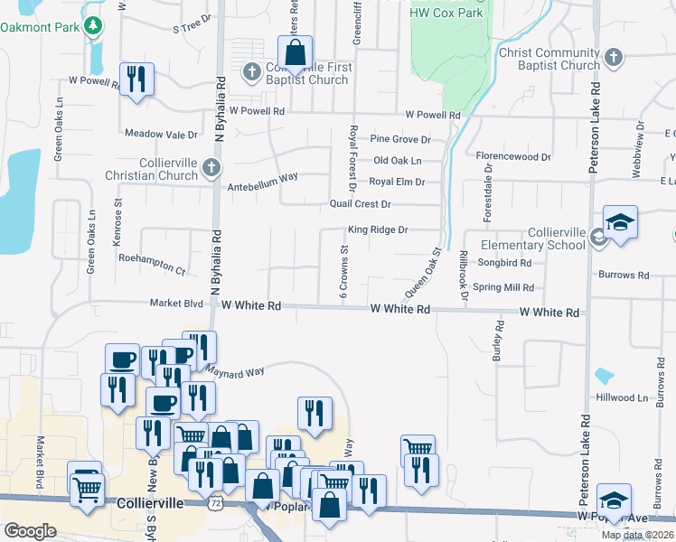 map of restaurants, bars, coffee shops, grocery stores, and more near 567 6 Crowns Street in Collierville