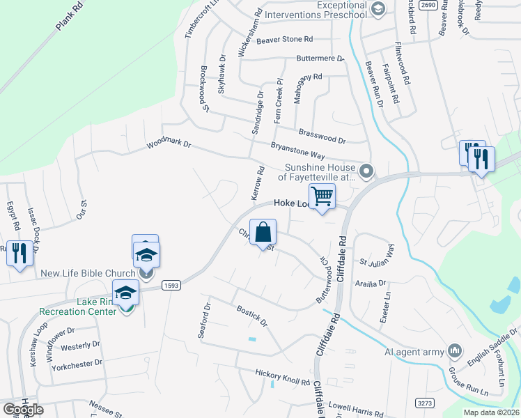 map of restaurants, bars, coffee shops, grocery stores, and more near 1145 Hoke Loop Road in Fayetteville