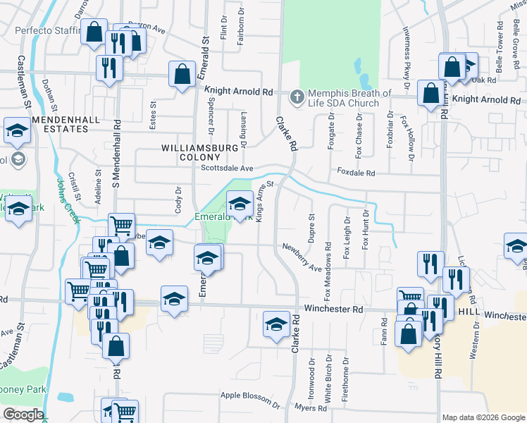 map of restaurants, bars, coffee shops, grocery stores, and more near 3430 Kings Arms Street in Memphis