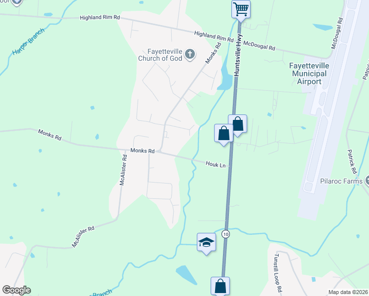map of restaurants, bars, coffee shops, grocery stores, and more near 27 Houk Lane in Fayetteville