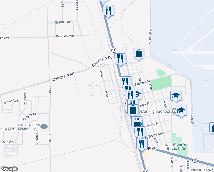 map of restaurants, bars, coffee shops, grocery stores, and more near 16144 H Street in Mojave