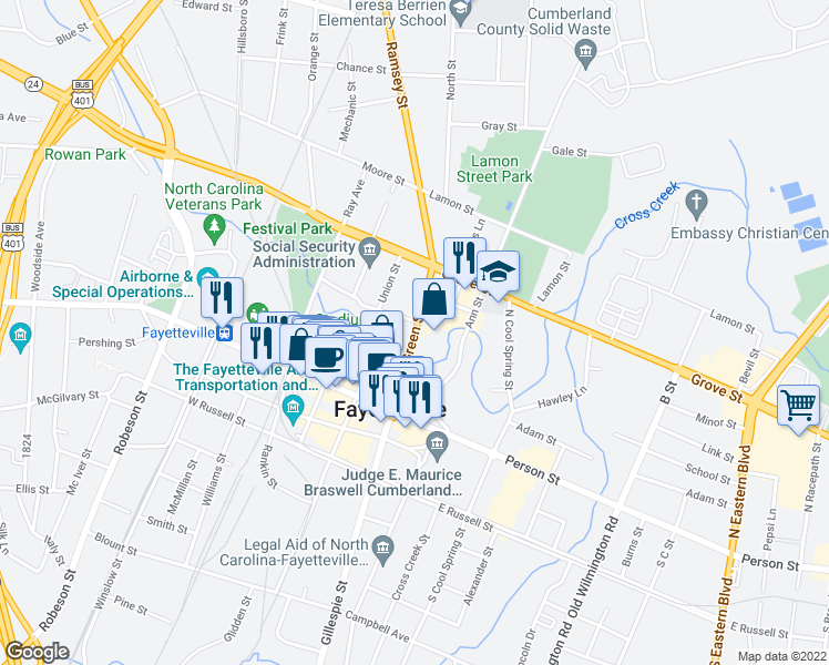 map of restaurants, bars, coffee shops, grocery stores, and more near Green Street in Fayetteville