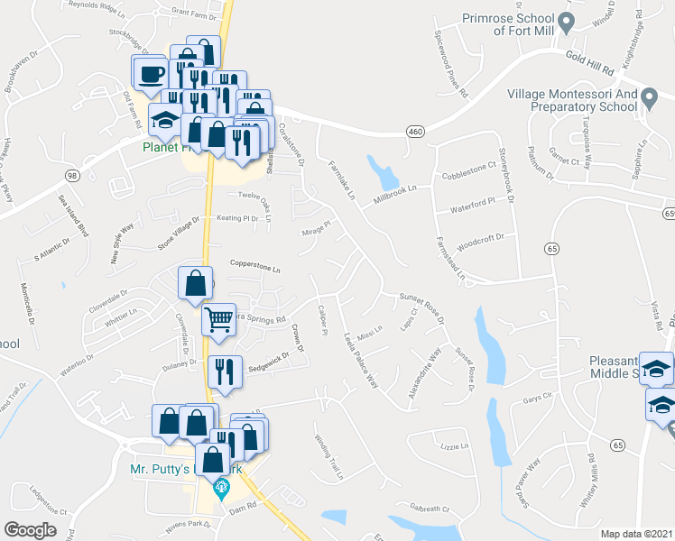 map of restaurants, bars, coffee shops, grocery stores, and more near 2905 Sedona Place in Fort Mill