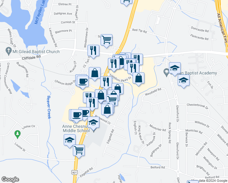 map of restaurants, bars, coffee shops, grocery stores, and more near 5866 Century Oaks Drive in Fayetteville